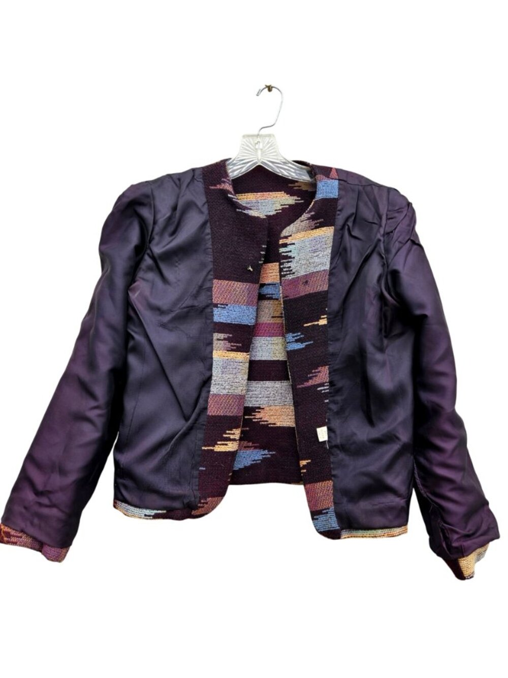 Vintage Art to Wear Woven Wool Jacket Abstract Ikat Stripe Boxy Lined Small - Picture 6 of 13
